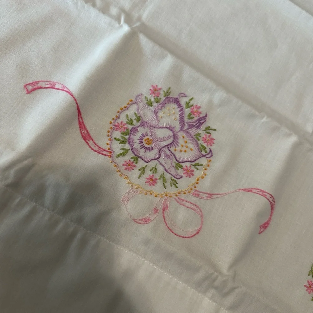 Vintage embroidered set of pillowcases pink bow purple flowers dainty wildflower